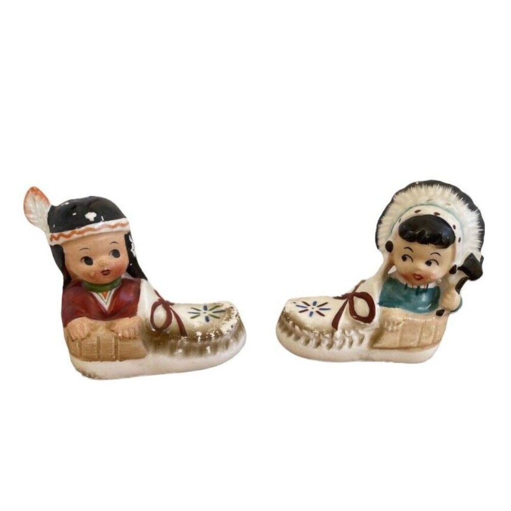 Vintage Japan Native American Indian Children in Moccasins Salt Pepper Shakers